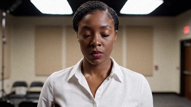 Professional Woman Walks Into Room With Documents and Looks at Camera