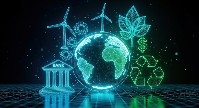 Digital earth surrounded by wind turbines and recycling symbols represents sustainable banking and environmental responsibility in a futuristic, glowing style.