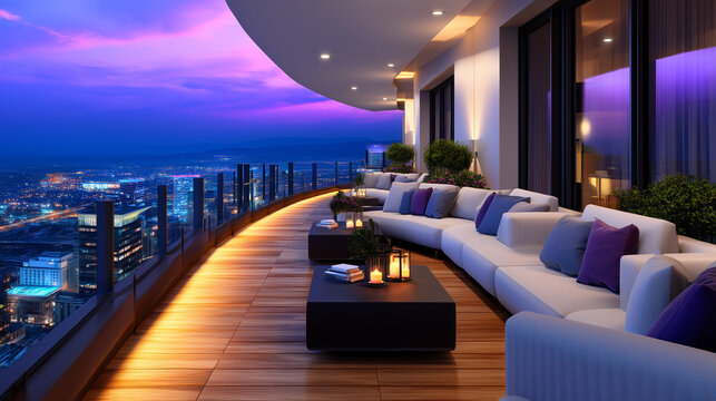 High-rise rooftop lounge at night with cityscape view, photorealistic