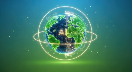 Digital earth rotating in space surrounded by glowing rings, symbolizing global connectivity and technological advancement in a vibrant and futuristic style.