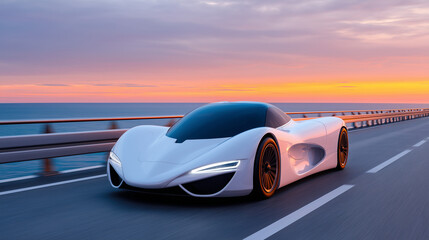 Naklejka premium Futuristic electric car on coastal highway at sunrise, photorealistic