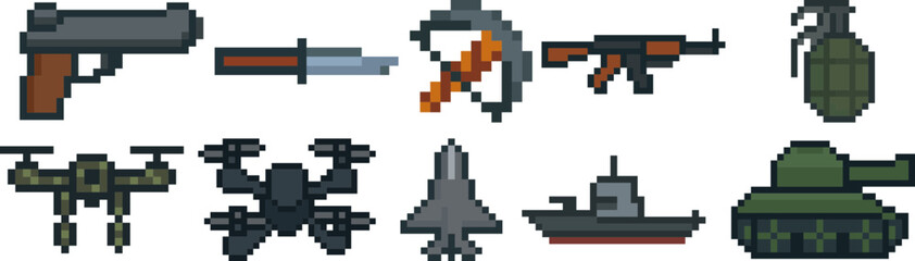 pixel illustration of military weapon icon set