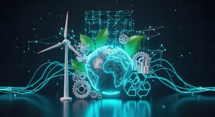 Wind turbine powers digital earth surrounded by gears and recycling symbol, showcasing sustainable technology in a futuristic, interconnected world.