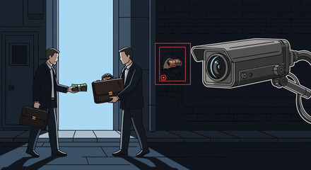 Illegal Money Exchange Under Surveillance. Businessmen in suits making a shady deal, monitored by a security camera. Bribery & corruption.