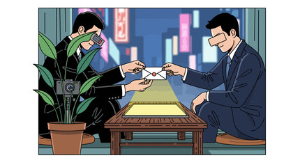 Covert Envelope Exchange with Hidden Surveillance and Blindfolded Participant in a Night City Setting