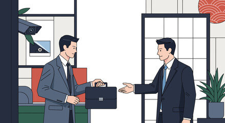 Professional Business Transaction: Two Businessmen Exchanging a Briefcase in a Modern Office Environment Illustration