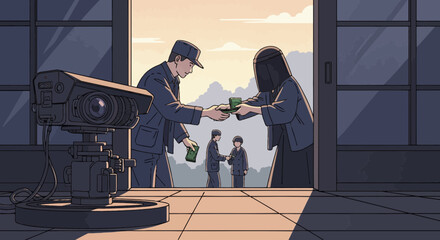 Illegal money exchange and bribery under CCTV surveillance, depicting illicit transactions and corruption.