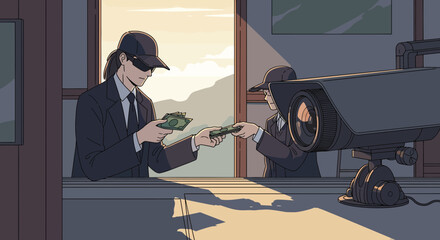 Money transaction under surveillance. Two individuals in suits exchange cash, observed by a prominent security camera.