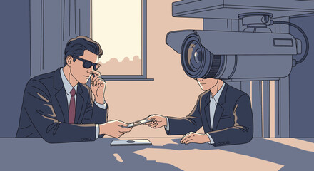 Surveillance and Bribery: Camera-headed man offers money to businessman, illustrating corporate espionage and watchful eyes.
