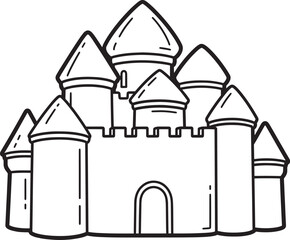 Whimsical hand drawn black and white castle illustration with multiple towers and crenellations