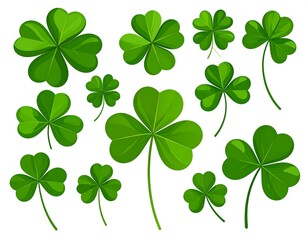 Collection of vibrant, detailed green shamrocks against a white background