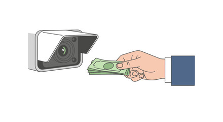 Hand bribing security camera with cash, symbolizing corruption, surveillance compromise, or illegal transactions