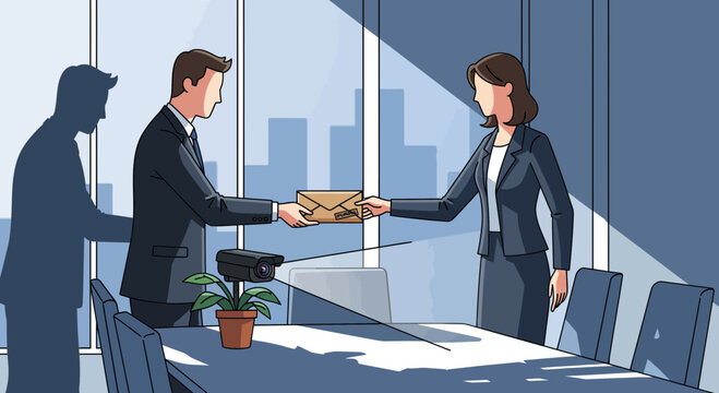 Unethical Business Transaction Monitored by CCTV with Shadowy Figure - Powered by Adobe