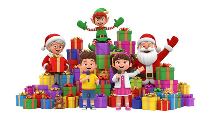 Cheerful Christmas characters with gifts Santa Claus Mrs Claus elf and children 3D rendering for holiday celebration and decoratio
