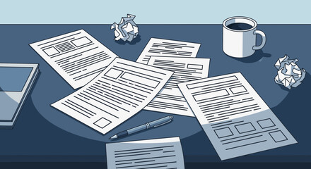 Paperwork Overload: Illustration of a Busy Desk with Documents and Coffee