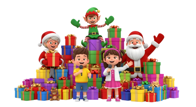 Cheerful Christmas characters with gifts Santa Claus Mrs Claus elf and children 3D rendering for holiday celebration and decoratio