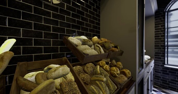 Various types of bread are arranged in wooden crates inside a charming bakery. The warm atmosphere is enhanced by the dark brick walls and natural lighting.