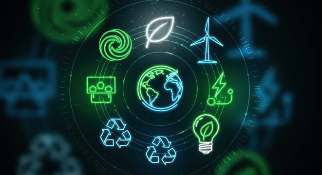 Glowing symbols representing renewable energy sources and environmental conservation surround earth on dark screen, showcasing sustainable future.