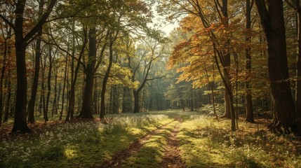 Obraz premium A sunlit path winding through a dense forest with trees in varying shades of green and brown foliage