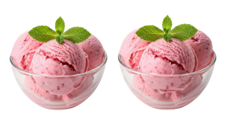 Delicious pink fruit ice cream scoops in glass bowls ready for summer dessert menu isolated PNG with Transparent Background