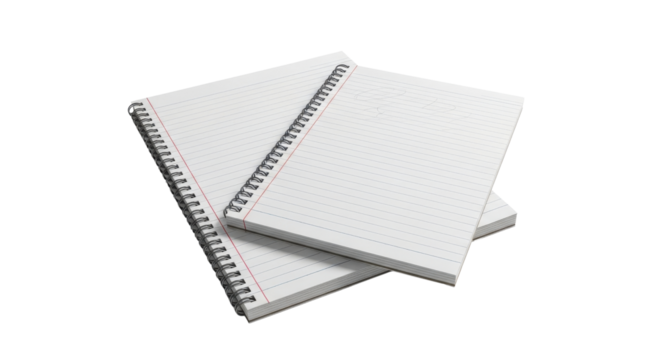 Blank white lined paper spiral notebooks stacked for school, office, and business planning. isolated PNG with Transparent Background