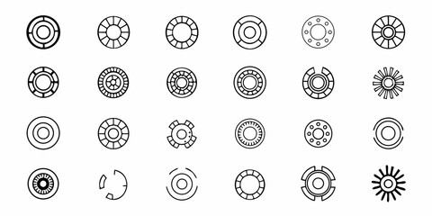 Modern line art featuring diverse circular icons, perfect for app design or infographic elements, representing creativity, technology and innovative solutions