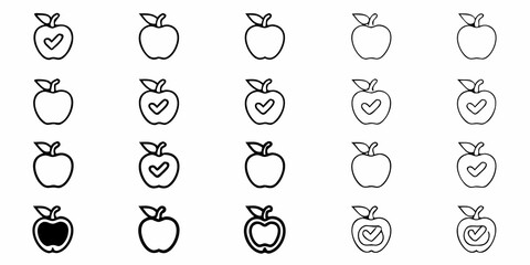 Stylish Apple Icon Set for Healthy Food, Nutrition, and Wellness Projects, Featuring Unique Outlines and Checkmarks for Authenticity and Quality