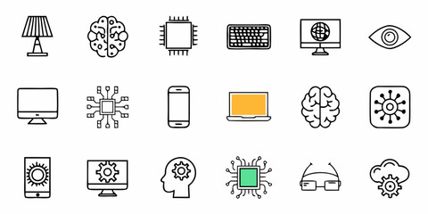 Technology gadgets and innovation line icons, representing artificial intelligence, virtual reality, and advanced computing in a modern design, perfect for technology