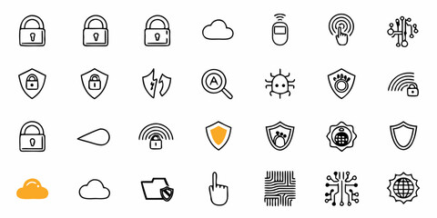 Collection of secure technology icons offering cybersecurity protection, cloud data safety, internet privacy, and antivirus solutions for digital defense