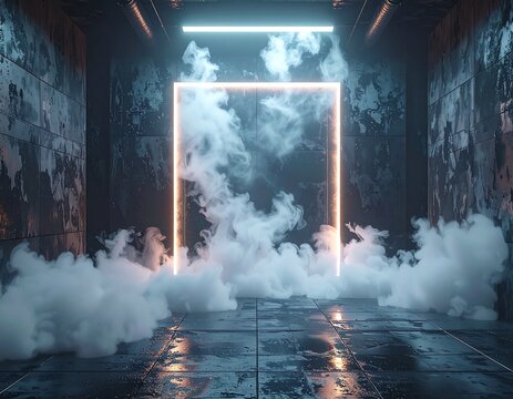 Moody neon-lit room with smoky haze and dark, textured walls