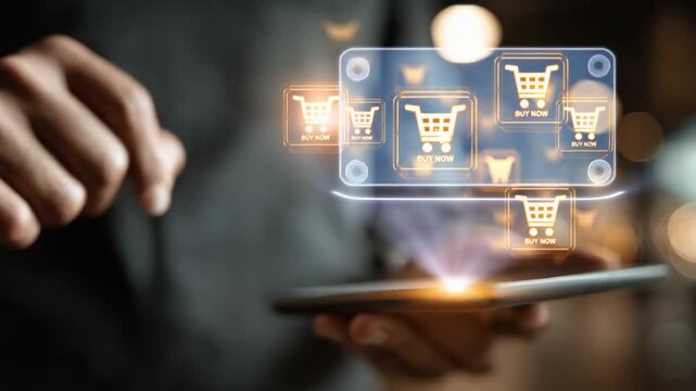 A hand holding a device displays glowing shopping cart icons and a "Buy Now" button interface