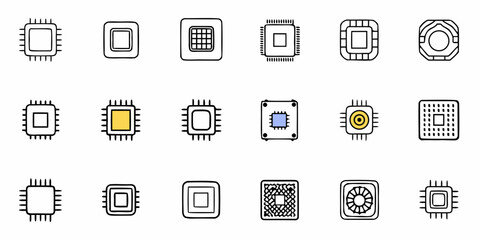 Colorful collection of modern computer chips icons for tech industry innovation and digital solutions, enhancing your designs with clean, scalable graphics