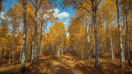 Obraz premium A scenic view of a path through a vibrant autumn birch forest with a clear blue sky above the trees