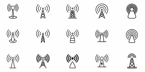 Fifteen dynamic communication tower icons showcase modern connectivity solutions for telecommunications and broadcast industries, ideal for tech design projects