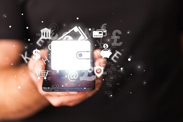 Businessman using modern smartphone with digital wallet