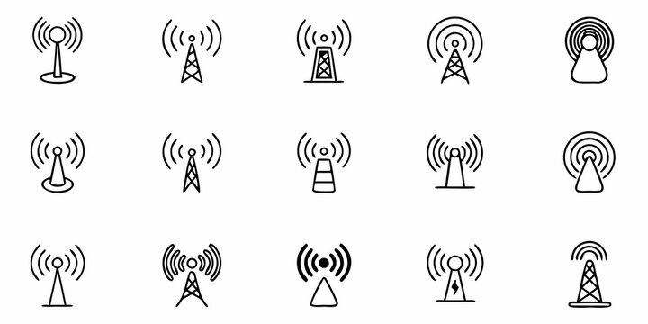 Fifteen dynamic communication tower icons showcase modern connectivity solutions for telecommunications and broadcast industries, ideal for tech design projects
