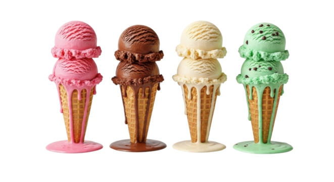 Delicious double scoop ice cream cones in various flavors arranged for summer treats and dessert advertisements. isolated PNG with Transparent Background