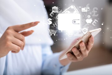 Businessman using modern smartphone with digital wallet