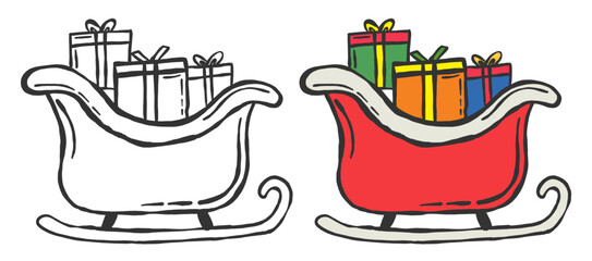 Hand drawn Christmas sleigh illustration with gifts in retro vintage style. Perfect for holiday, festive, and seasonal designs, decorations, and artwork