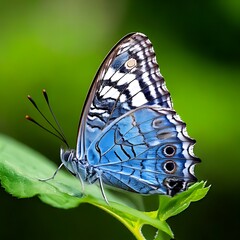 A striking butterfly with blue and white wings resting on a green leaf
