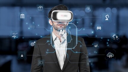 A businessman wearing a virtual reality headset stands in a modern office, surrounded by digital icons that symbolize technology, innovation, and artificial intelligence. Raster