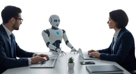 Business professionals interacting with humanoid robot coworker in a futuristic office meeting setting. isolated PNG with Transparent Background