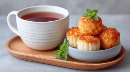 A Close Up Of A White Tea Cup Filled With Dark Tea Next To A Stack Of Golden Baked Pastries Garnished With Mint Leaves On A Textured Gray Surface With A Wooden Tray