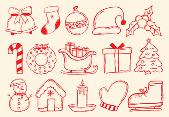 Set of hand drawn Christmas elements in outline doodle style, including tree, bell, gifts, candle, candy cane, gingerbread house, holly, ornament, and more. Perfect for festive and holiday designs