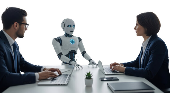 Business professionals interacting with humanoid robot coworker in a futuristic office meeting setting. isolated PNG with Transparent Background - Powered by Adobe