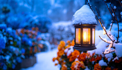 Snowy garden lantern glowing at blue hour peaceful Christmas outdoor scene with warm light without people