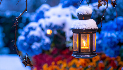 Snowy garden lantern glowing at blue hour peaceful Christmas outdoor scene with warm light without people