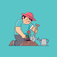 Cartoon gardener planting flower with shovel and watering can