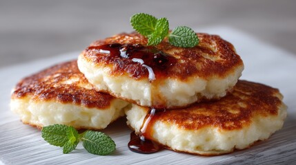 A Detailed Studio Photo Of A Stack Of Fluffy Pancakes Drizzled With Syrup And Garnished With Fresh Mint Leaves On A White Wooden Board With Soft Natural Lighting
