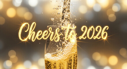 Festive New Year 2026 celebration concept with sparkling champagne being poured into a flute on a festive gold bokeh background